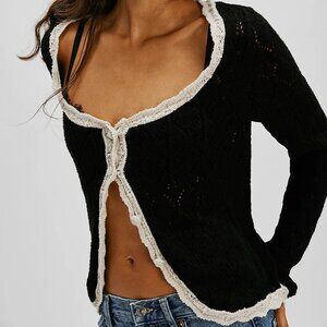 Free People Adelene Knit Cardigan Long Sleeve Black Cream Size Small NWOT